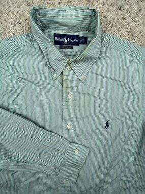 Ralph Lauren Button Up Shirt Cotton Adult Size Large Green Striped Custom Fit